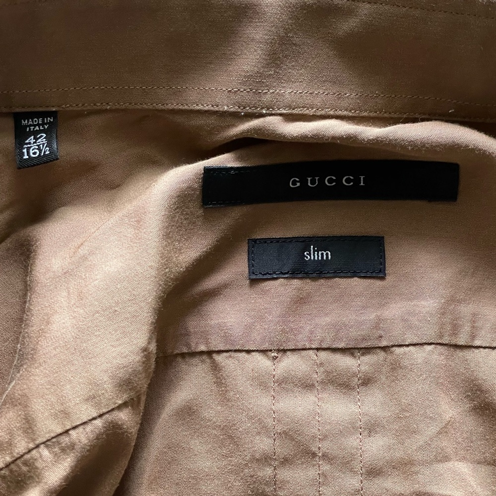 Gucci Dress Shirt Gold Tan Brown Silk